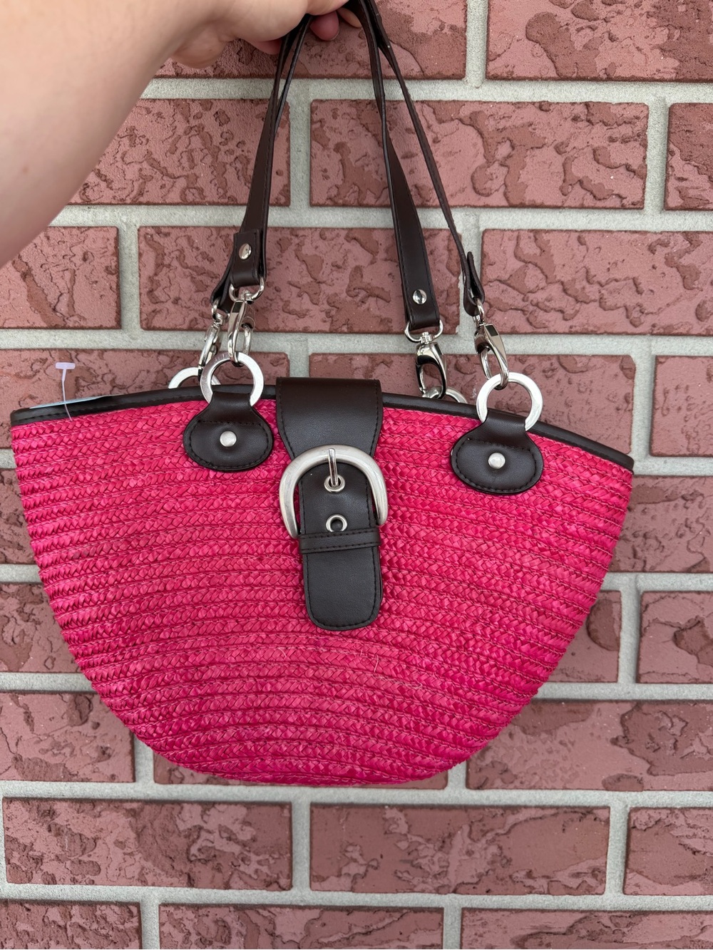 Hot Pink Straw Tote with Black  Accents